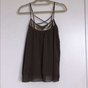 Taupe tank blouse w/ strappy back & sequin front